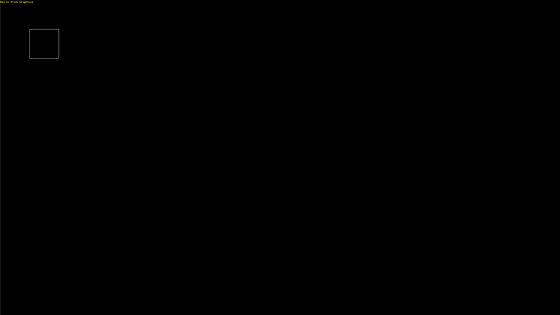 VM running, in video mode, with 100x100 pixel square drawn in top-left, and message displayed