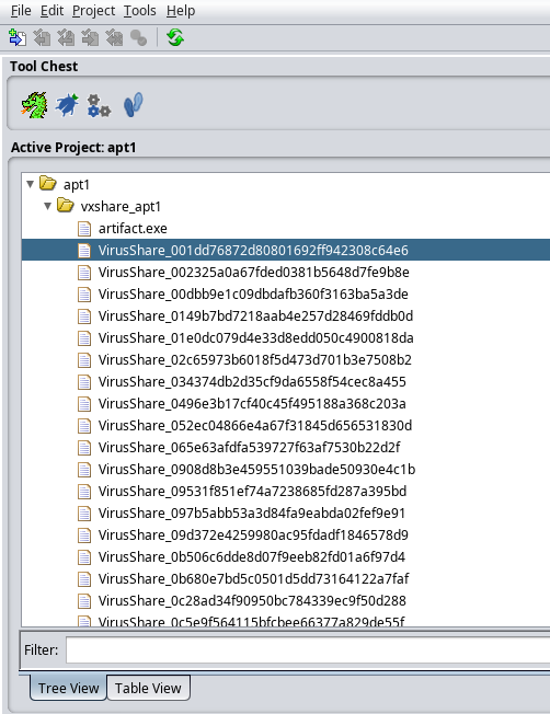 Ghidra Active Project showing apt1 project