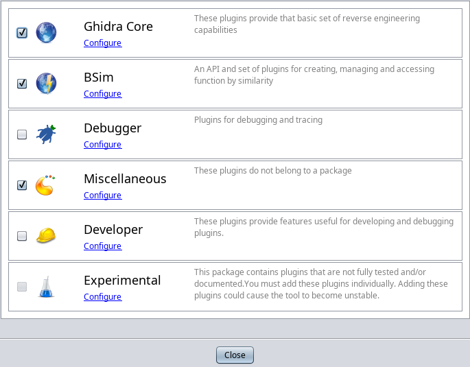Ghidra Configure Tool with BSim Selected