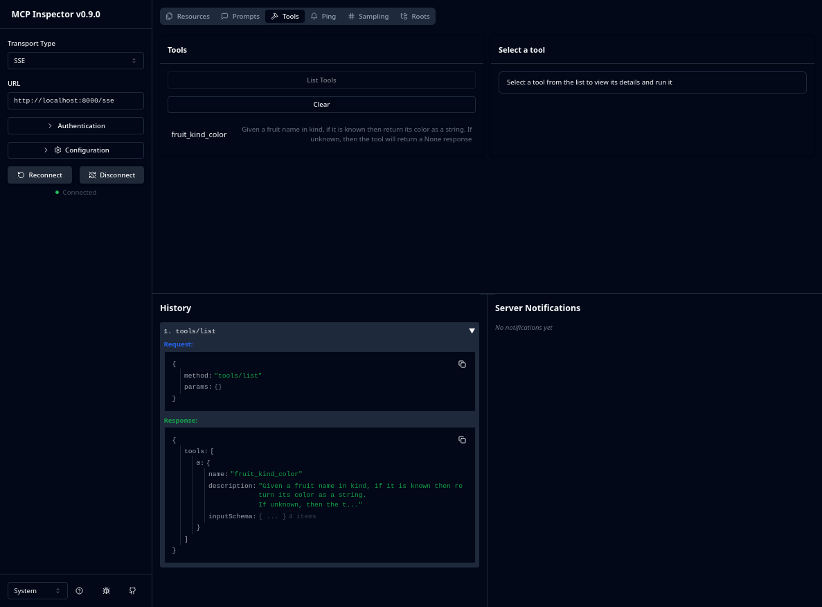 MCP Inspector tools view