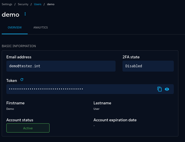 Admin view of a User in OpenCTI, showing masked API token